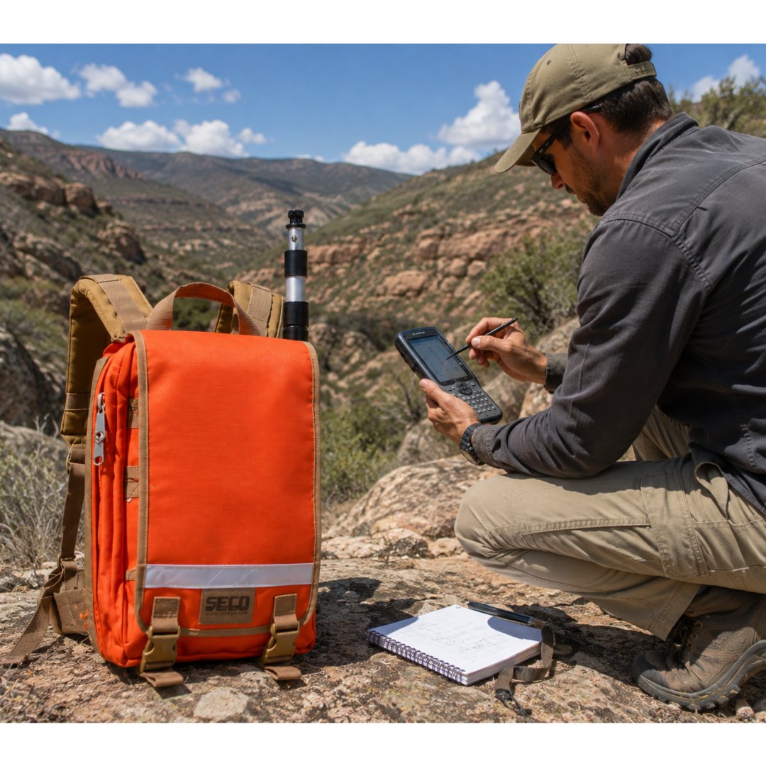 Mochila SECO GIS resistente para transportar equipos GNSS, GIS y accesorios topográficos. Ideal para trabajos de campo, ingeniería y construcción.
