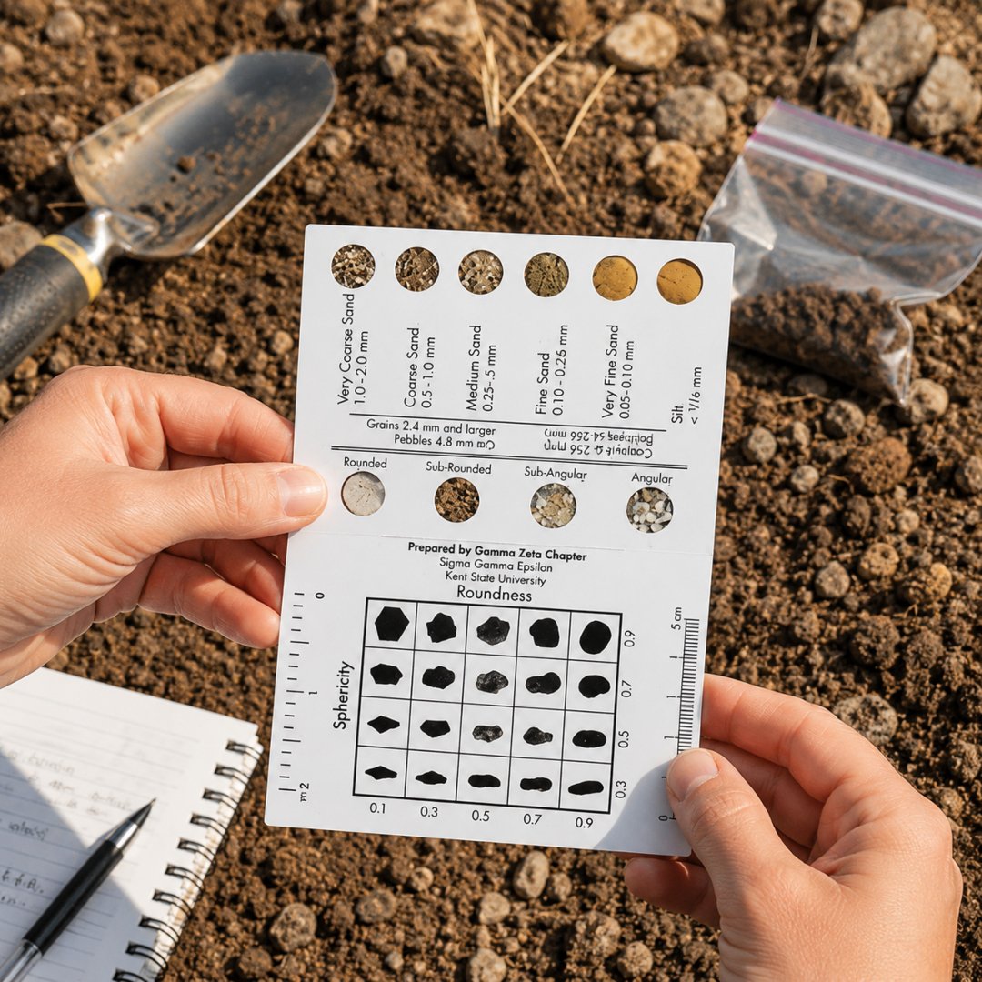 Carpeta Tamaño Grano Arena para comparar visualmente tamaños y características de partículas de arena. Ideal para geología, sedimentología, educación e investigación.