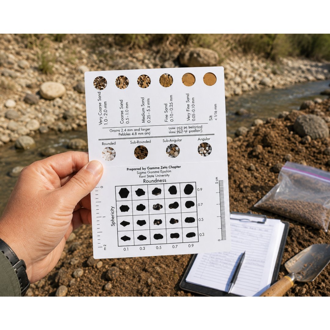 Carpeta Tamaño Grano Arena para comparar visualmente tamaños y características de partículas de arena. Ideal para geología, sedimentología, educación e investigación.
