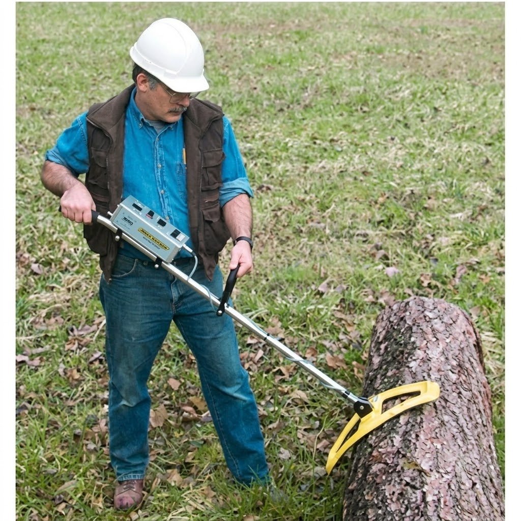 Detector metales troncos P-4000 para localizar clavos y objetos metálicos ocultos en madera. Ideal para aserraderos, industria forestal y procesamiento de troncos.