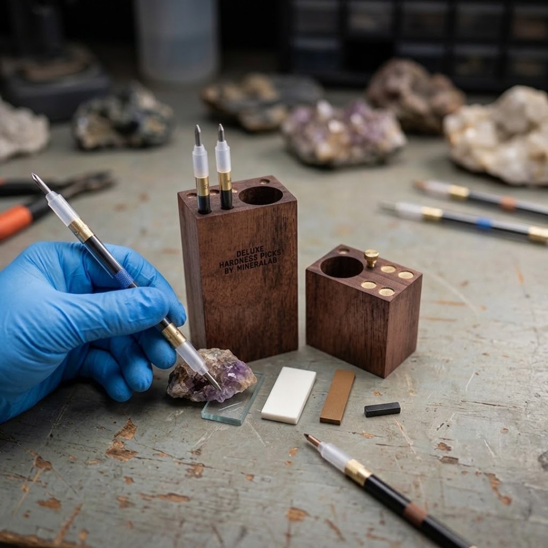 Kit identificación minerales para analizar dureza, raya, magnetismo y otras propiedades. Ideal para geología, minería, educación e investigación.