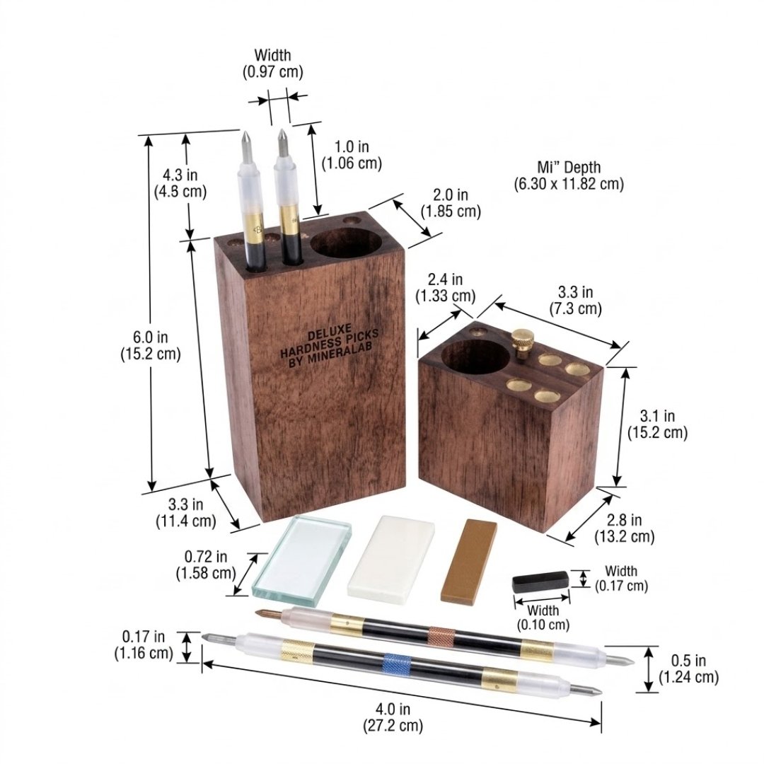 Kit identificación minerales para analizar dureza, raya, magnetismo y otras propiedades. Ideal para geología, minería, educación e investigación.