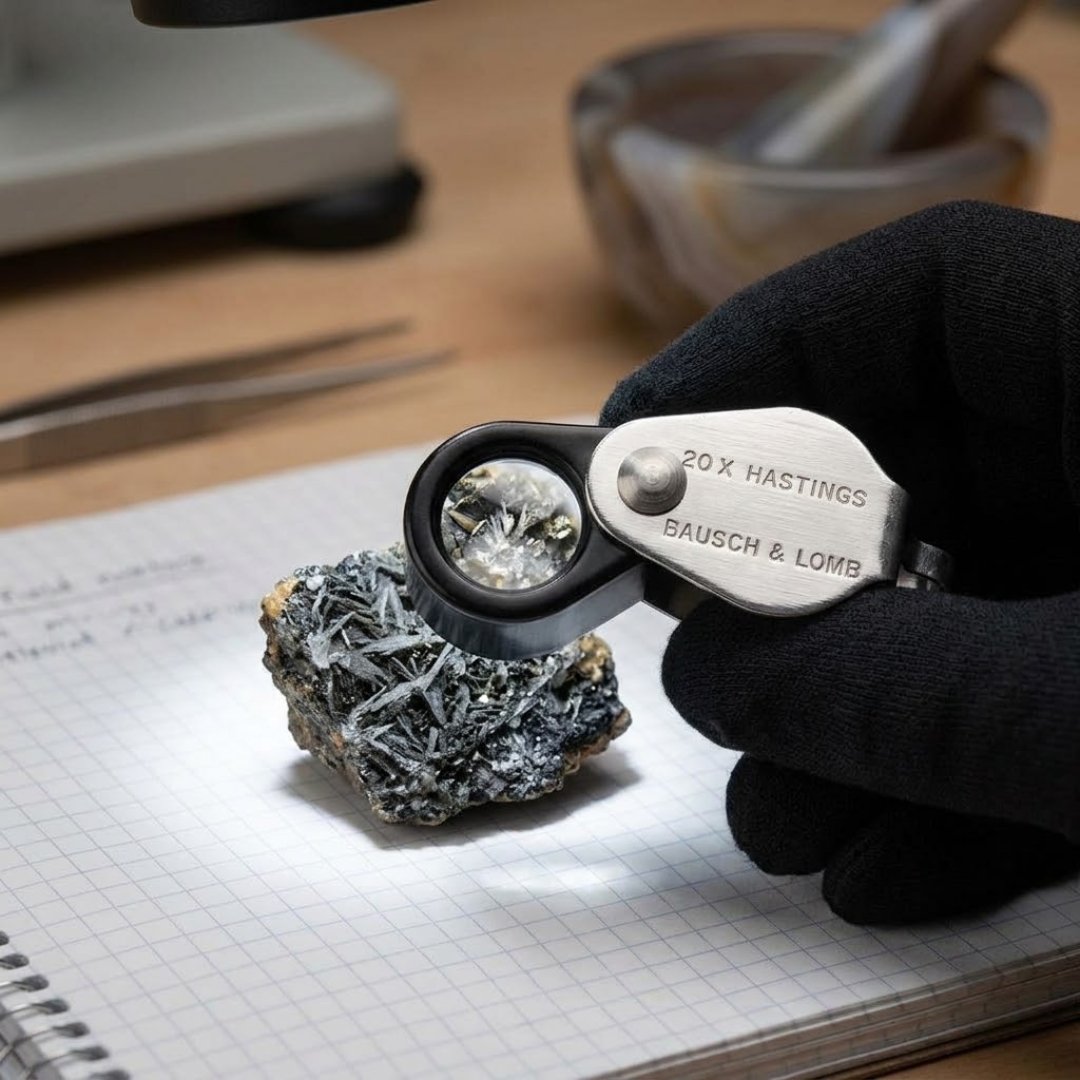 Lupa 20 aumentos para inspección de minerales, joyas, fósiles y piezas pequeñas. Ideal para geología, laboratorio, joyería e investigación.