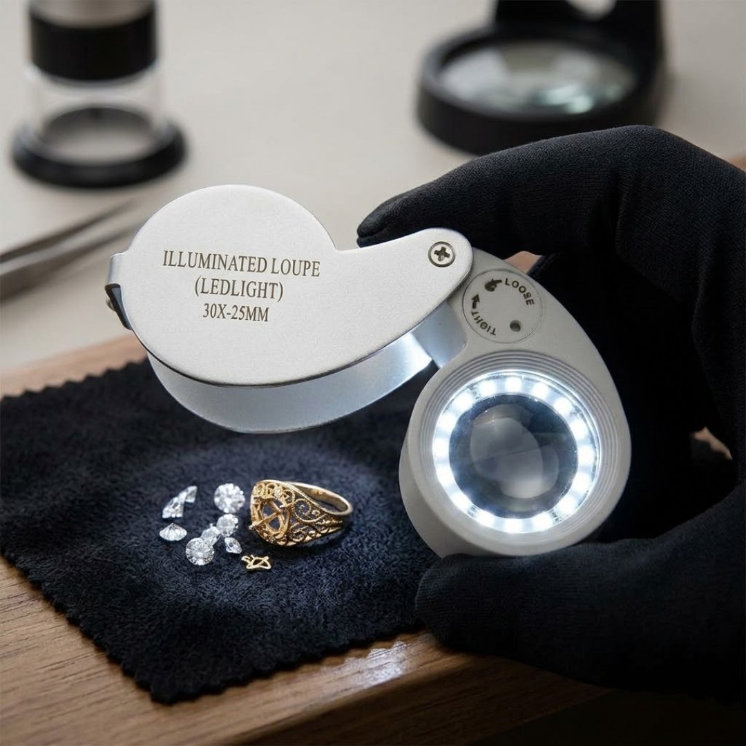 Lupa joyero iluminada SE 30x con luz LED para observar piedras preciosas, monedas, minerales y detalles de precisión. Ideal para gemología y joyería