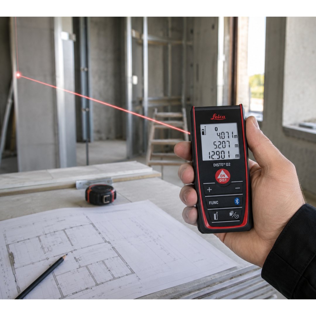 Medidor Leica DISTO D2 con alcance de hasta 100 m, precisión ±1,5 mm, Bluetooth® e IP54. Ideal para topografía, ingeniería y construcción.