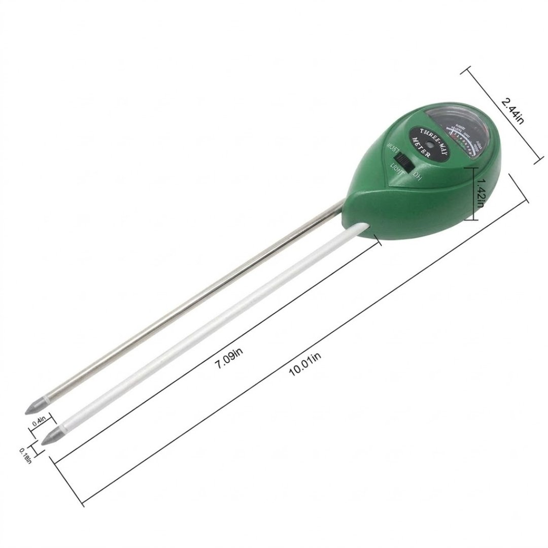 Medidor Suelo 3 en 1 para evaluar humedad, luz y pH. Ideal para agricultura, jardinería, viveros, análisis de suelos y monitoreo de cultivos.