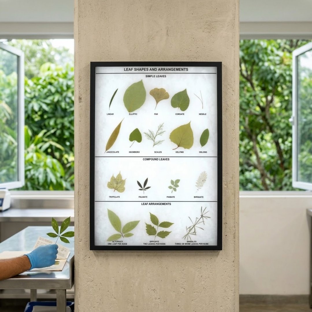 Material didáctico de botánica con formas y arreglos de hojas en montaje Riker para el aula. Recurso visual para enseñanza y observación de morfología vegetal.