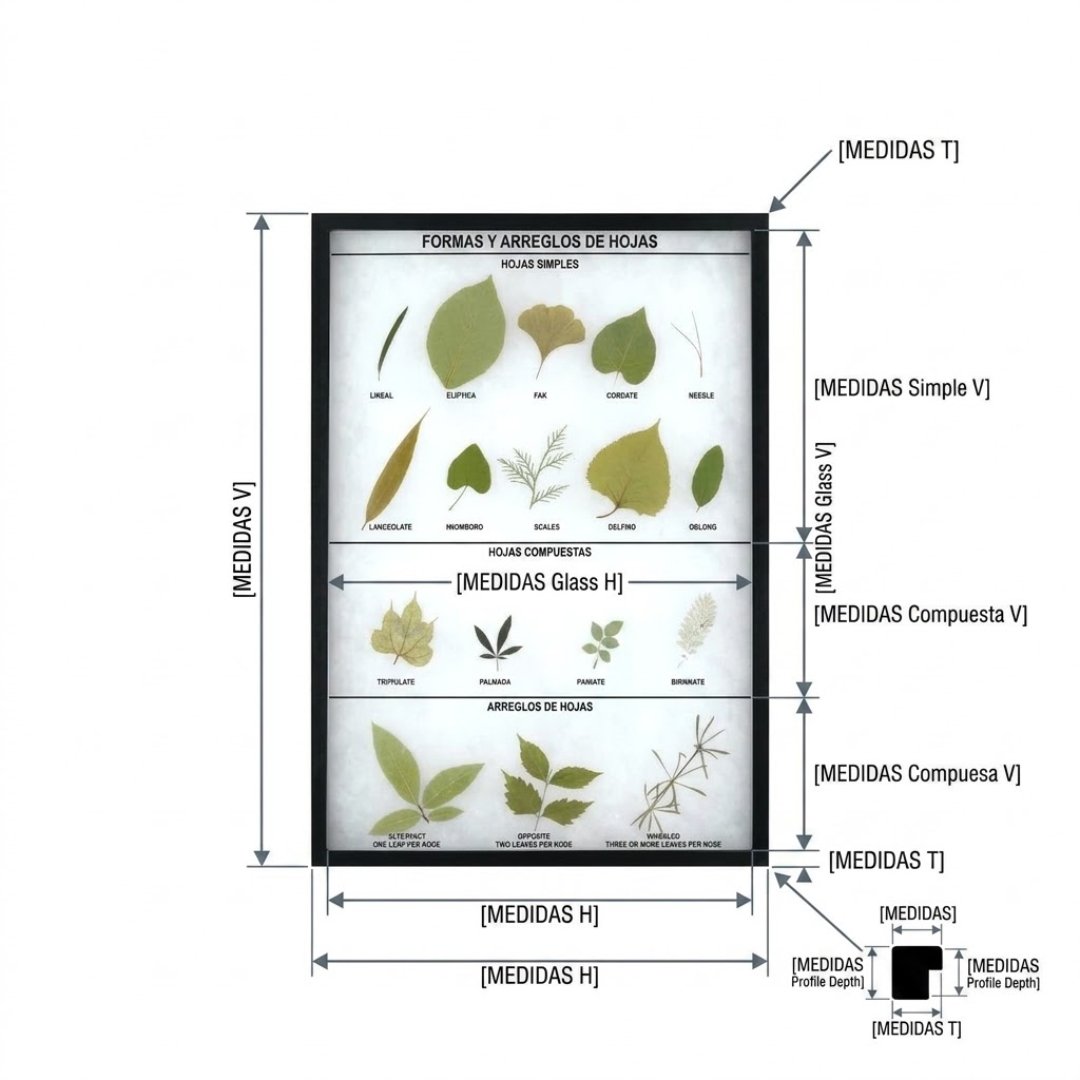 Material didáctico de botánica con formas y arreglos de hojas en montaje Riker para el aula. Recurso visual para enseñanza y observación de morfología vegetal.