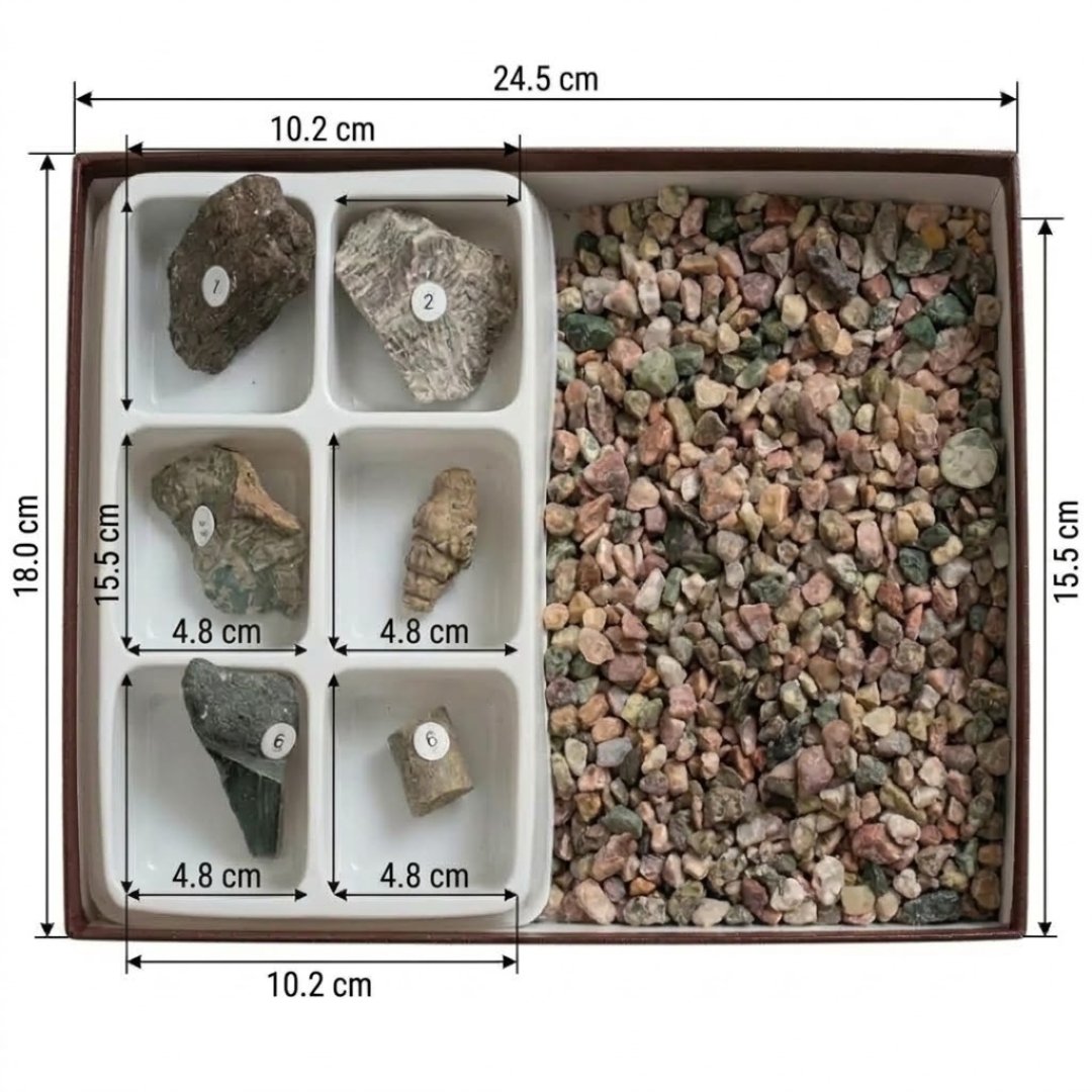 Kit caza fósiles para paleontología, identificación y manipulación de muestras. Consulta contenido y especificaciones verificadas del conjunto.
