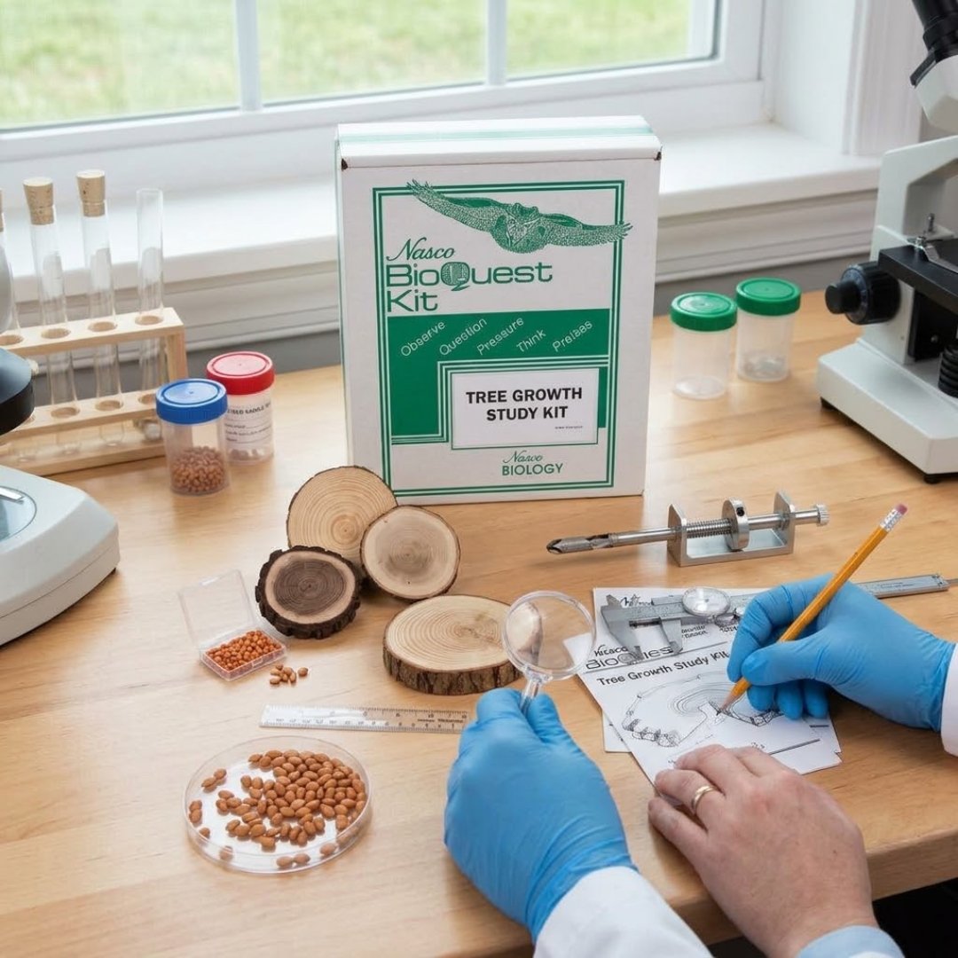 Kit educativo para estudiar el crecimiento de los árboles y las condiciones que influyen en su desarrollo mediante actividades de biología y ciencias naturales.