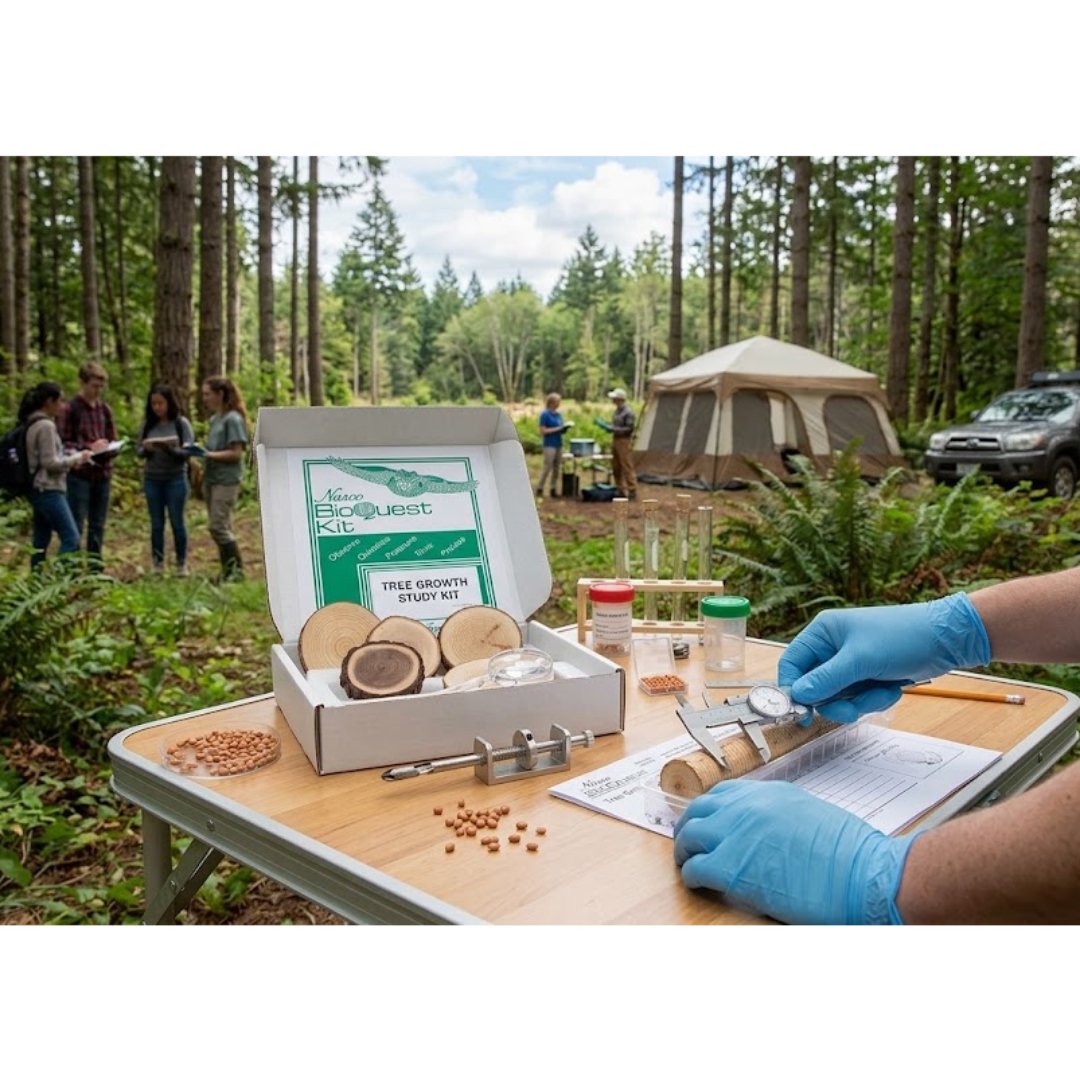 Kit educativo para estudiar el crecimiento de los árboles y las condiciones que influyen en su desarrollo mediante actividades de biología y ciencias naturales.