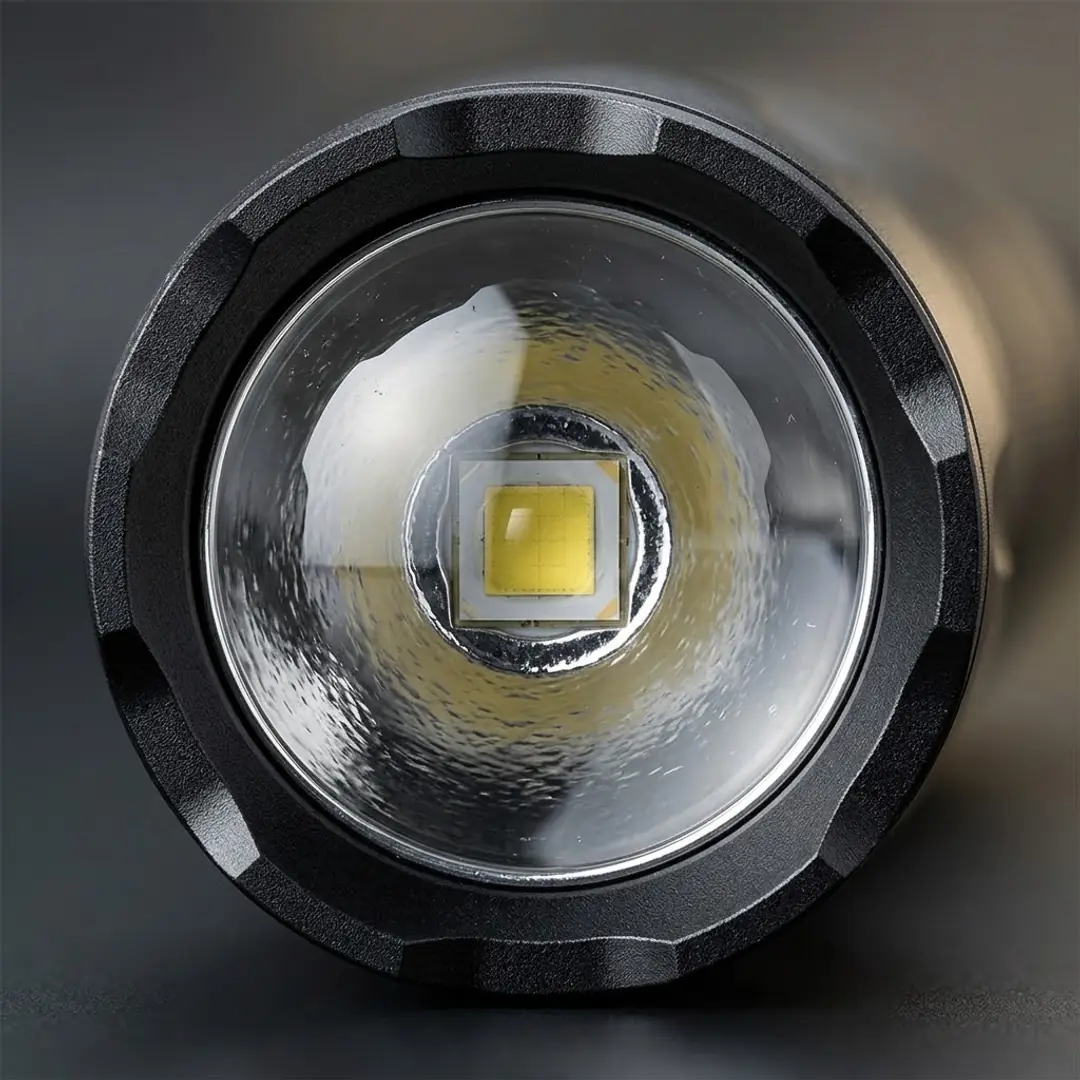 Linterna UltraFire W-878: detalle del cabezal, la lente y el LED Cree