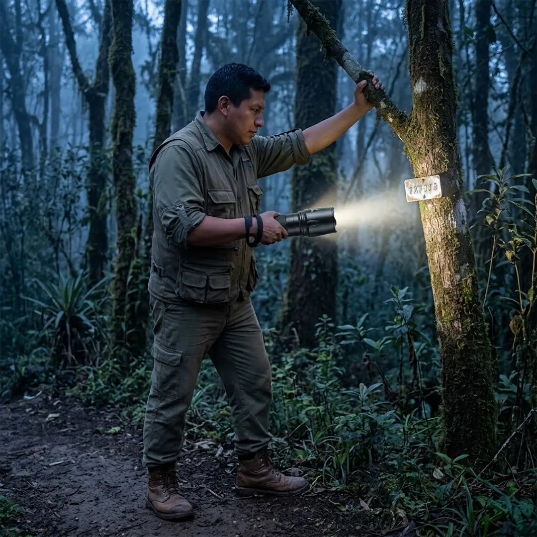 Linterna UltraFire W-878: técnico forestal iluminando una placa de marcación