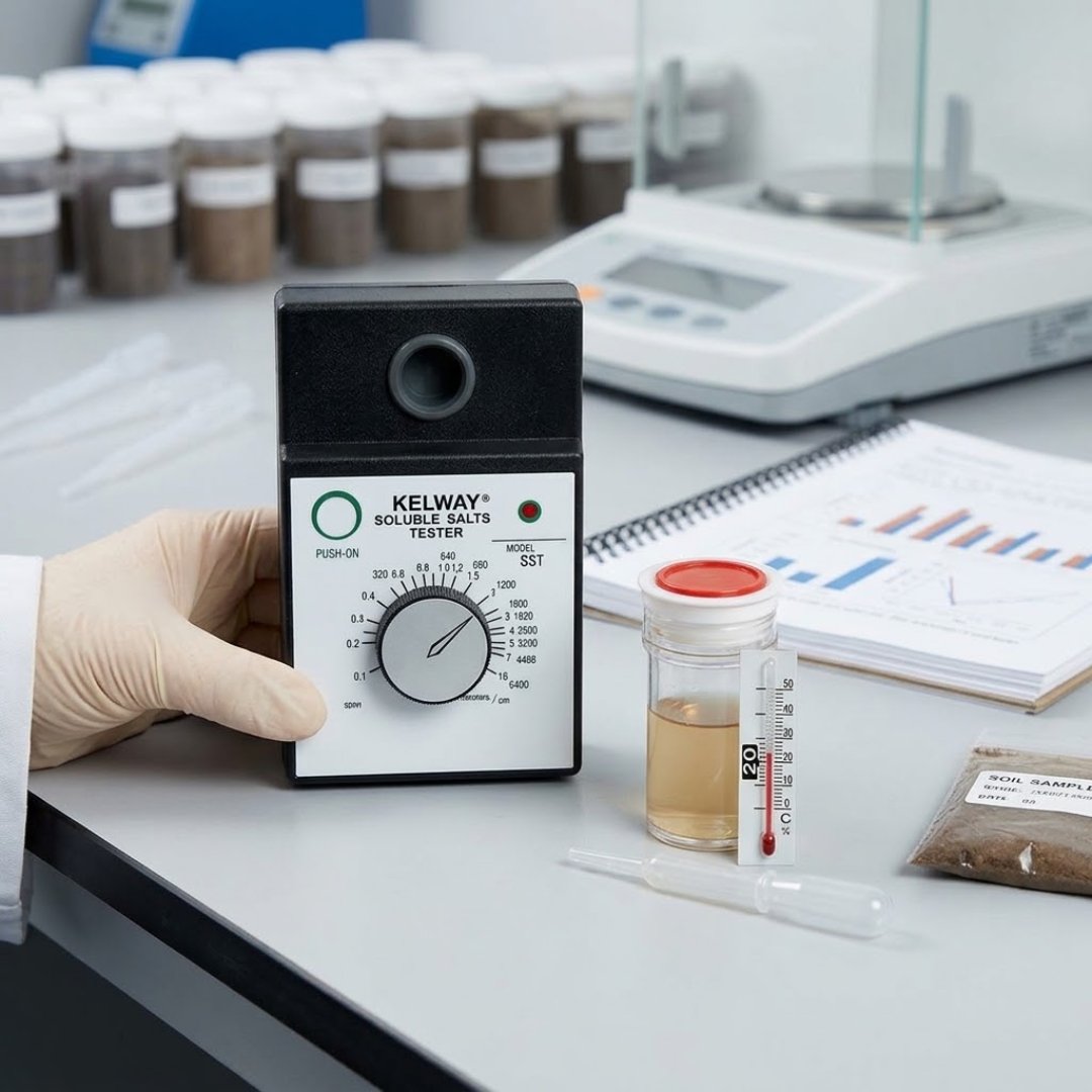 Medidor de salinidad del suelo para evaluar la conductividad eléctrica y detectar concentraciones de sales solubles en diferentes tipos de suelo.