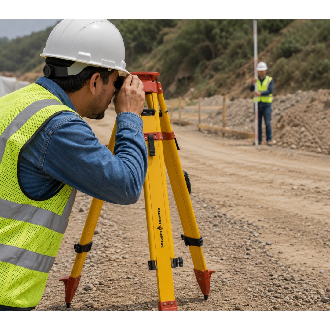 Trípode Madera Fibra 5/8x11 para estaciones totales, niveles y GNSS. Máxima estabilidad para topografía, ingeniería y construcción.