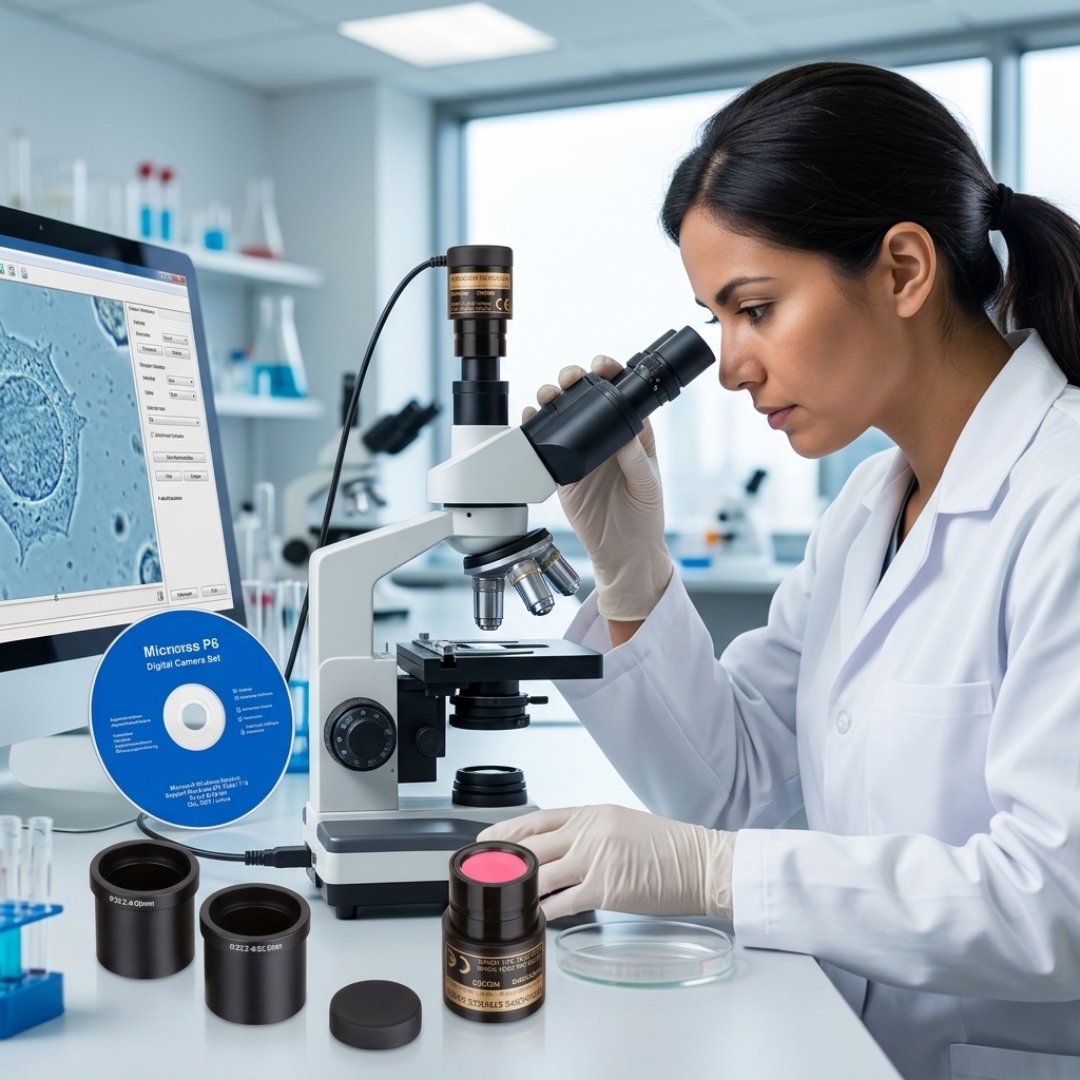 Cámara digital AmScope de 3 MP con conexión USB para microscopio. Permite capturar imágenes y trabajar con observaciones microscópicas desde un computador.