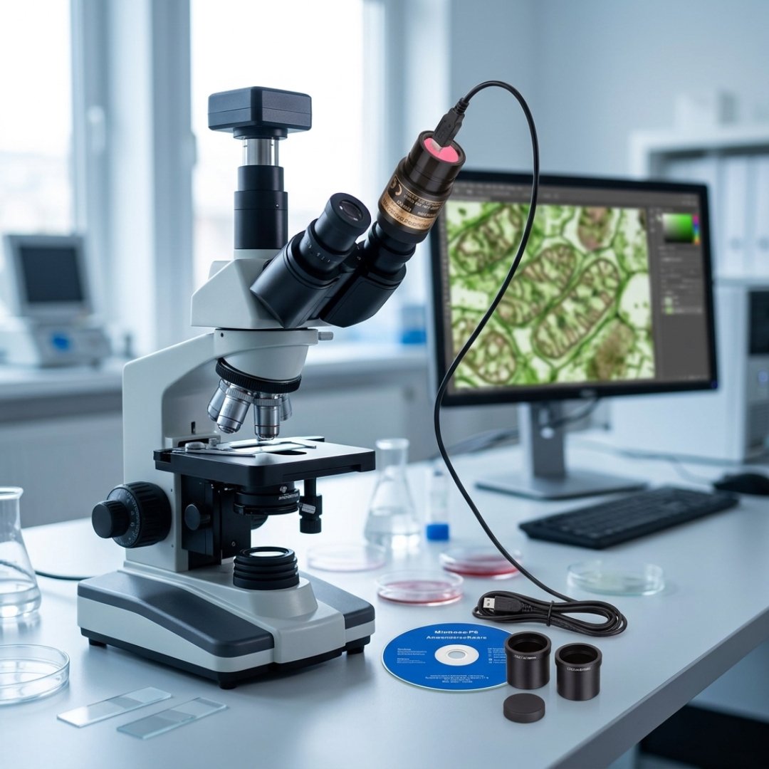 Cámara digital AmScope de 3 MP con conexión USB para microscopio. Permite capturar imágenes y trabajar con observaciones microscópicas desde un computador.