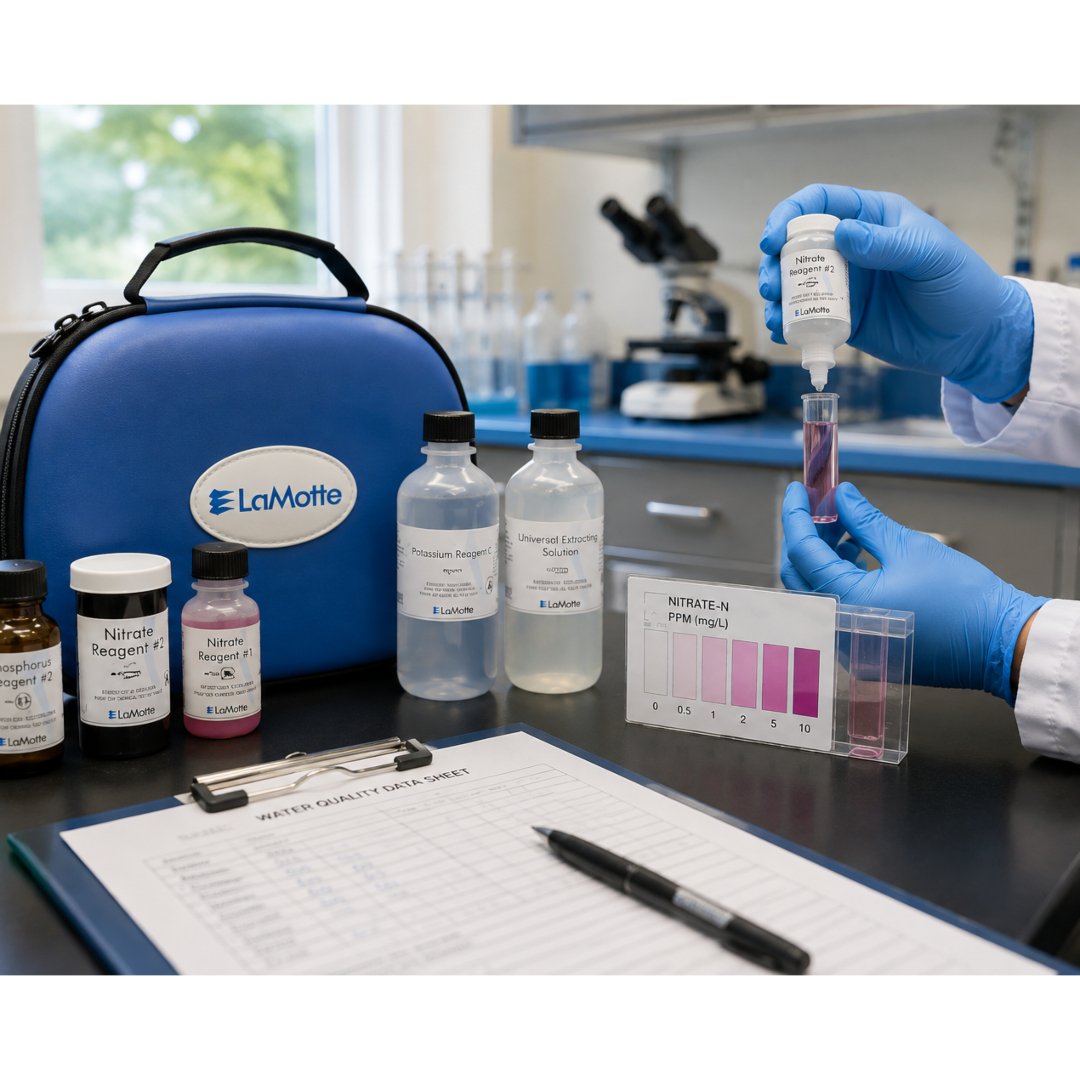 Kit Tejido Vegetal LaMotte para analizar nitratos, fósforo y potasio en plantas. Ideal para agricultura, investigación, educación y monitoreo nutricional.