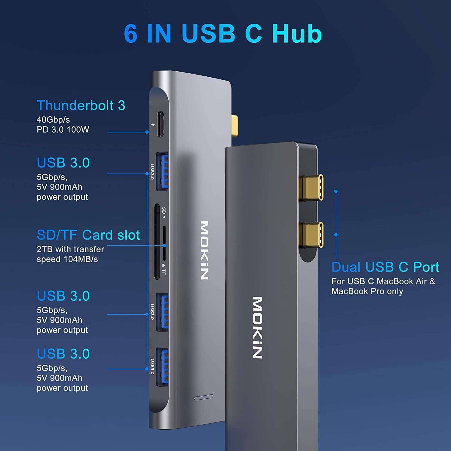 Adaptador USB C para MacBook Pro Air 6 en 1 - Imagen 2