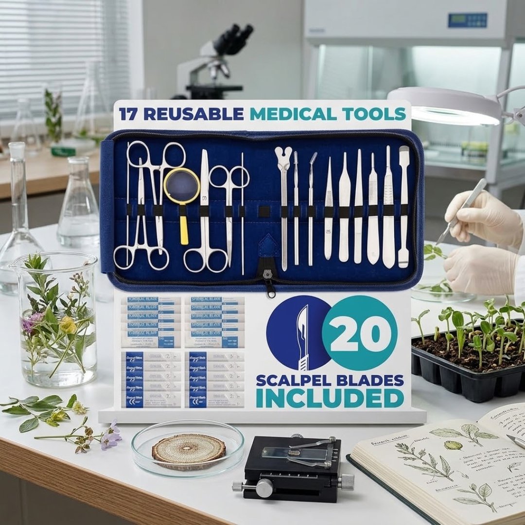 Kit de disección para prácticas de anatomía, biología, botánica y veterinaria en laboratorios, aulas y procesos de formación científica.