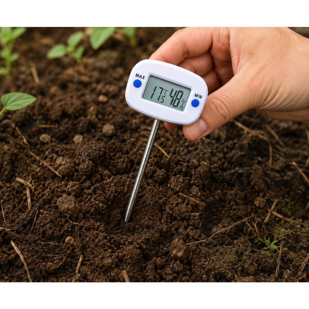 Medidor digital suelo para conocer la humedad y temperatura. Instrumento práctico para evaluaciones de campo, agricultura, jardinería y estudios de suelo.