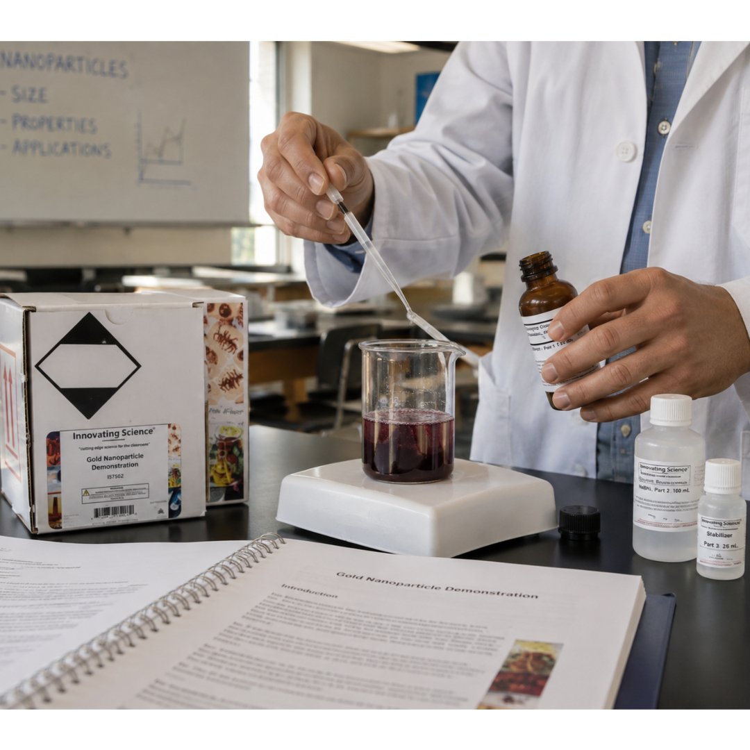 Kit Nanopartículas Oro Aldon para demostraciones de nanotecnología y química. Ideal para laboratorios, universidades, investigación y educación científica.