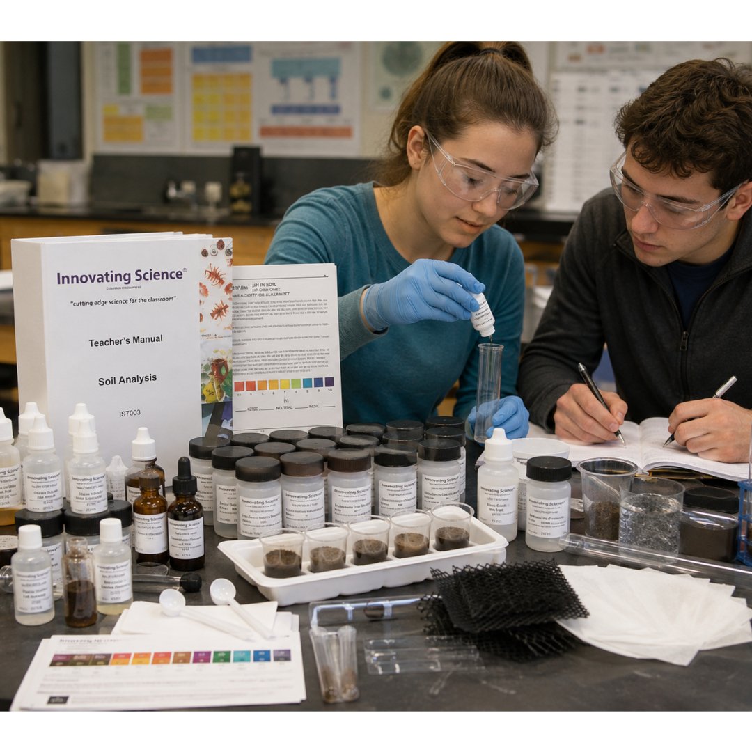 Kit Análisis Suelos Aldon para realizar prácticas de laboratorio sobre propiedades del suelo. Ideal para educación, agronomía, geología e investigación científica.