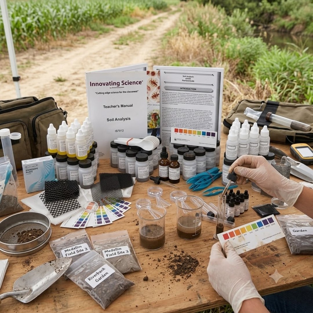 Kit Análisis Suelos Aldon para realizar prácticas de laboratorio sobre propiedades del suelo. Ideal para educación, agronomía, geología e investigación científica.