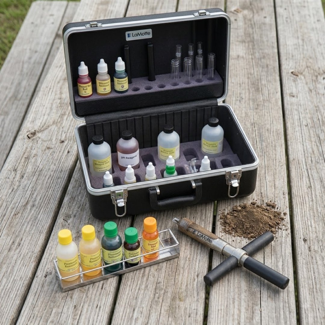 kit análisis de suelo LaMotte STH-14 5010-01 para evaluar pH, nutrientes y materia orgánica. Incluye pruebas para múltiples factores del suelo.