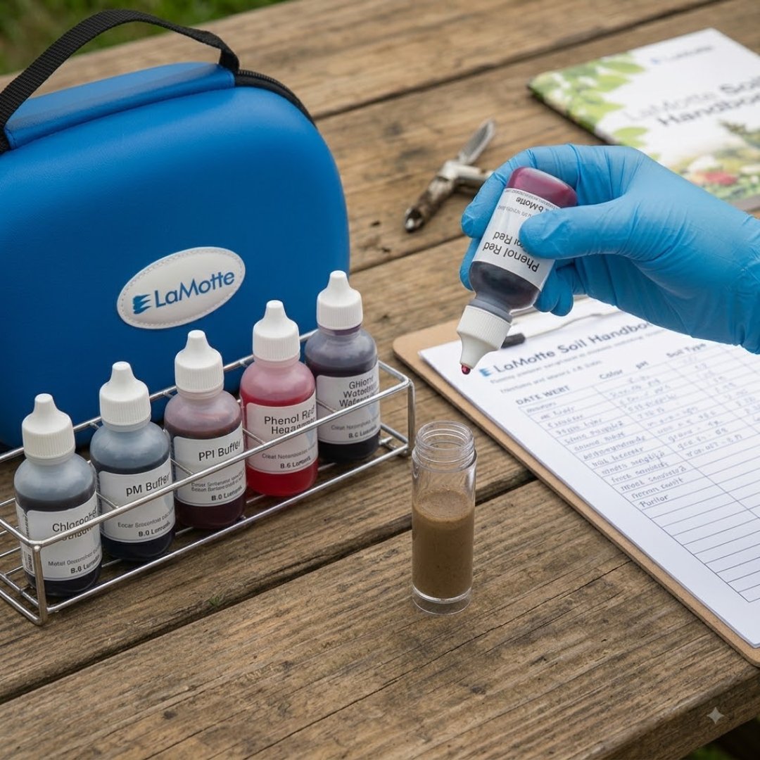 Kit pH de suelo LaMotte para analizar muestras mediante el método Morgan. Rango de 3,8 a 8,4, incrementos de 0,2 y hasta 50 pruebas.