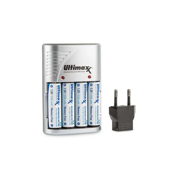 Cargador De Viaje Y 4 Baterias Aa Ultimaxx 3150 Mah