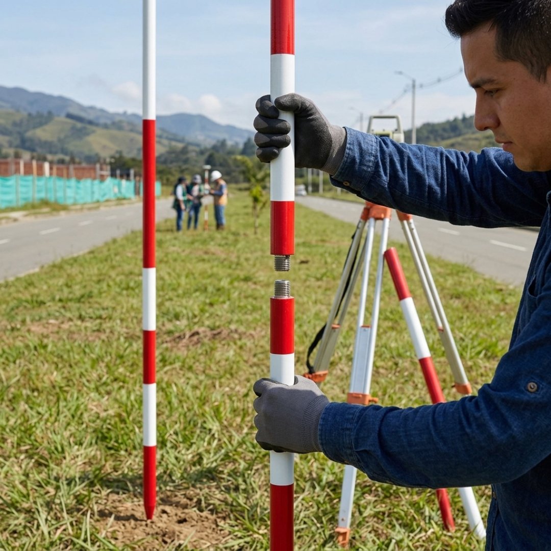 Jalón topográfico 2 metros para levantamientos de precisión. Ideal para topografía, construcción, ingeniería civil, geodesia y trabajo de campo.