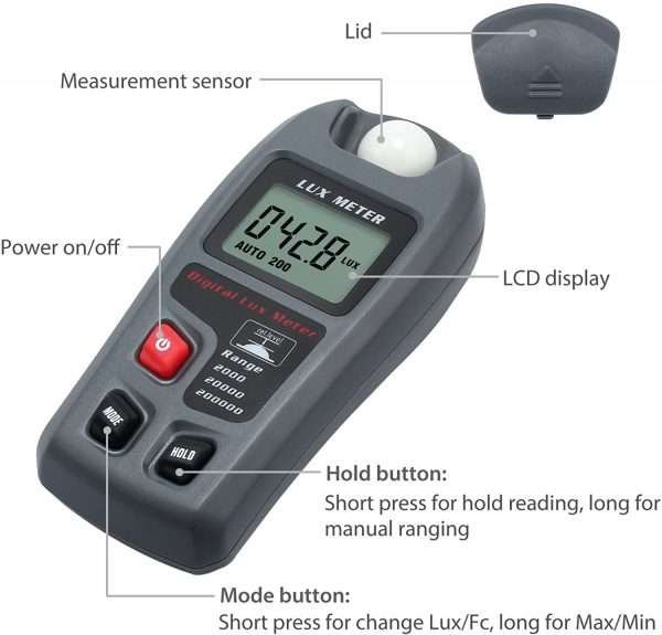 Luxómetro digital Proster Medidor LCD 0,1 – 200000 Lux/0.01 - Imagen 2