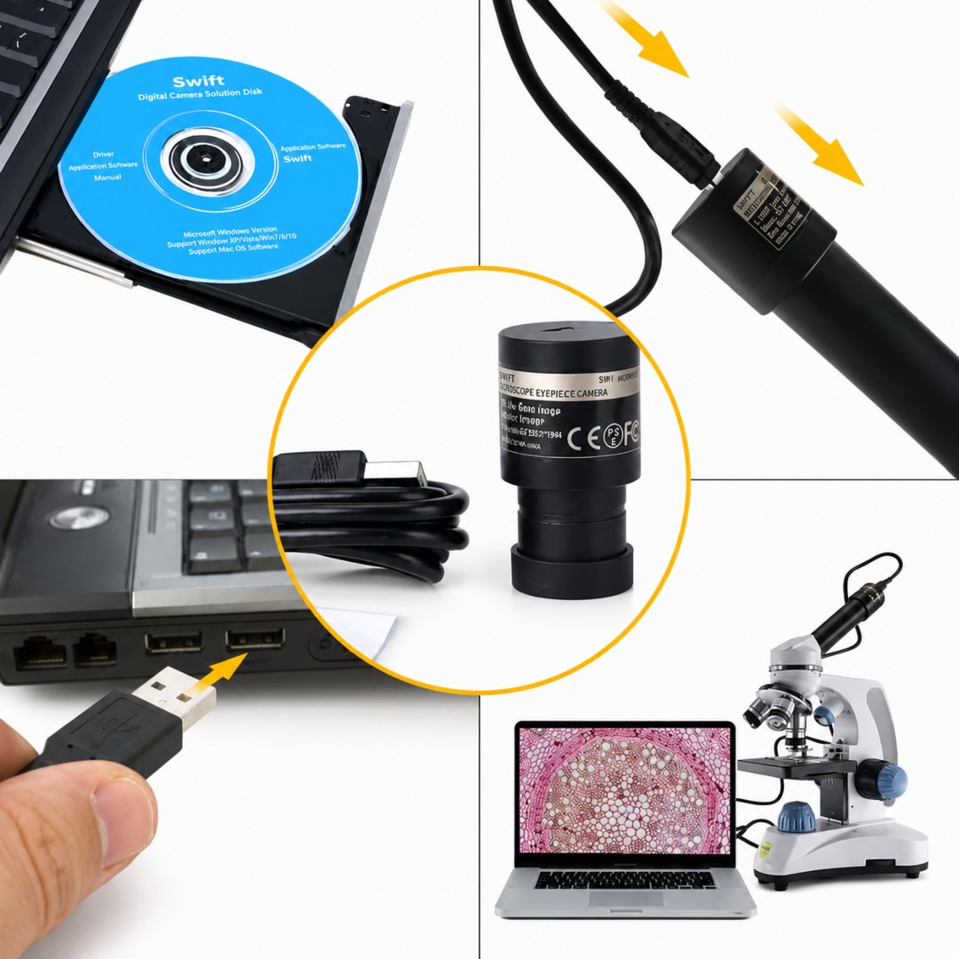 Cámara Microscopio USB AmScope 5.0 MP para capturar imágenes y video de alta resolución en laboratorios, investigación, educación y microscopía profesional.