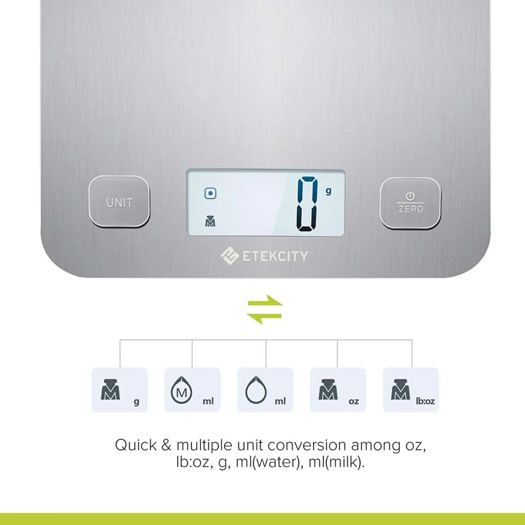 Balanza digital cocina Etekcity EK6212 con capacidad de 5 kg y precisión de 1 g. Ideal para laboratorio, alimentos y control de porciones.