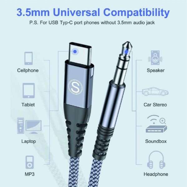 Cable Adaptador Auxiliar De Audio Usb C 3.5mm Sweguard 1.2 M - Imagen 3