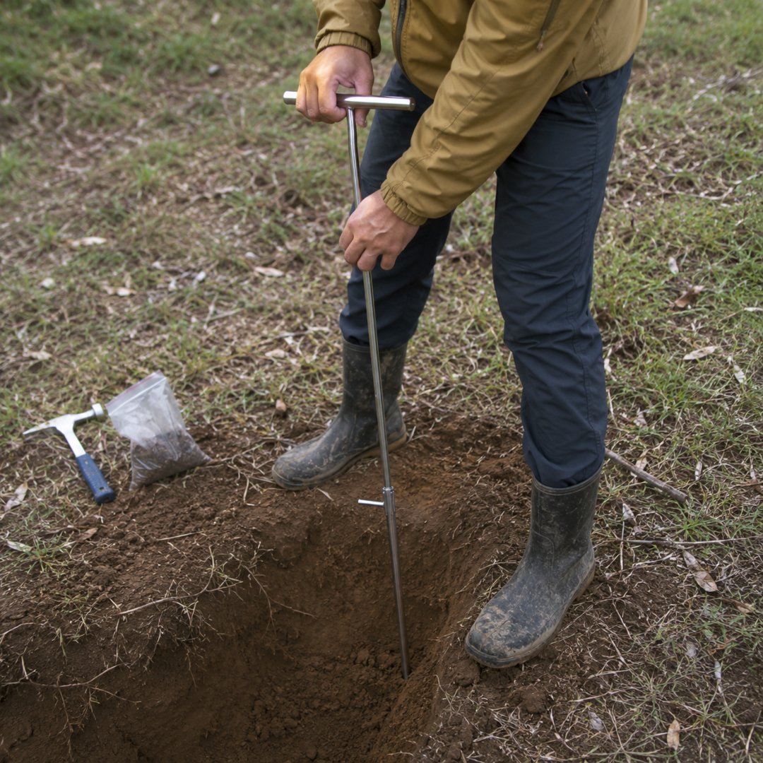 Barreno Suelos Oakfield 92 cm con escalón para extracción de muestras de suelo. Ideal para agricultura, investigación, geología y estudios ambientales.