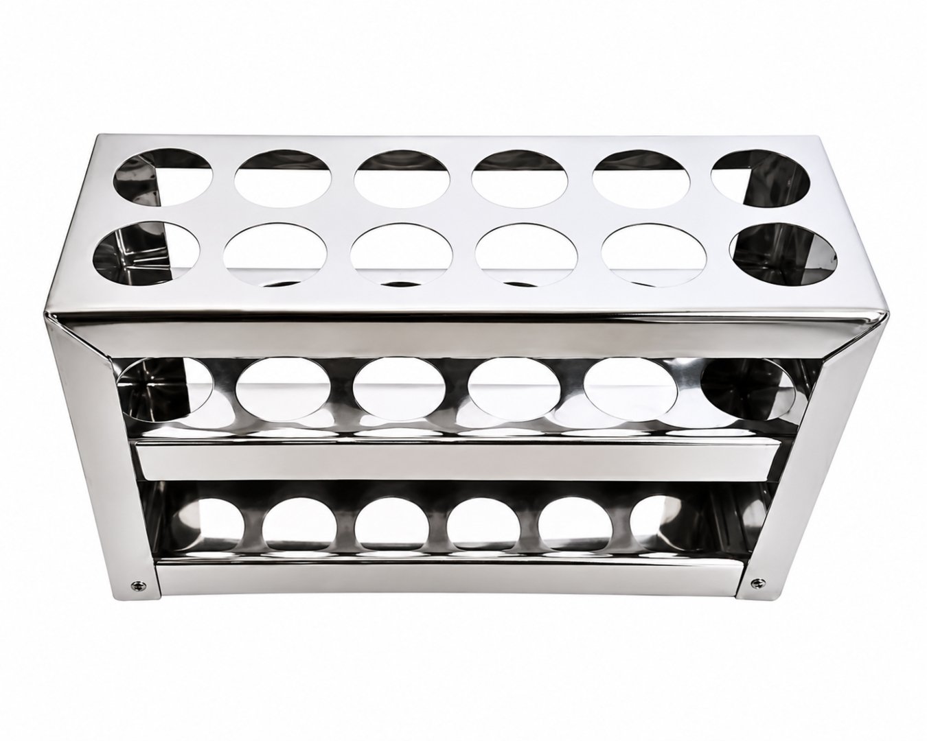 Gradilla metálica para 12 tubos de ensayo con orificios de 18 mm. Ideal para laboratorios, universidades, análisis de suelos y control de calidad.