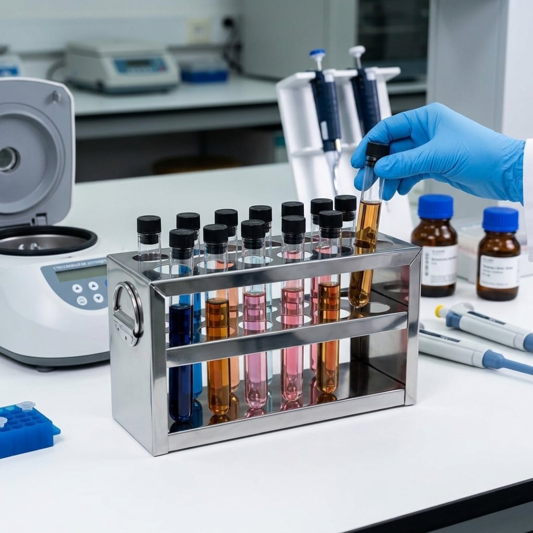 Gradilla metálica para 12 tubos de ensayo con orificios de 18 mm. Ideal para laboratorios, universidades, análisis de suelos y control de calidad.