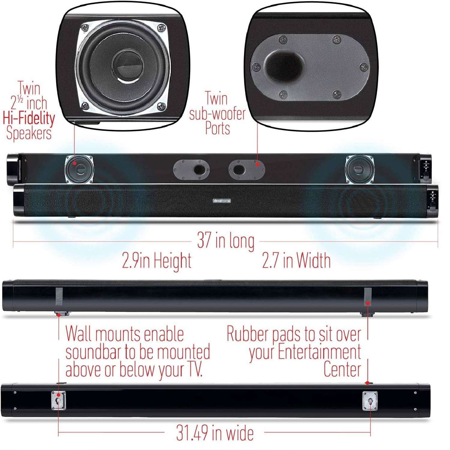 Barra De Sonido De 60 W Con Subwoofer Deco Home - Imagen 3