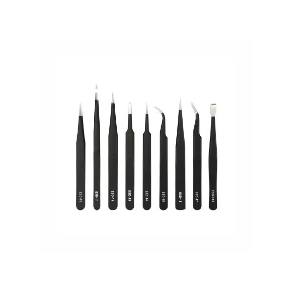 Juego de 9 pinzas de precisión acero inoxidable antiestáticas