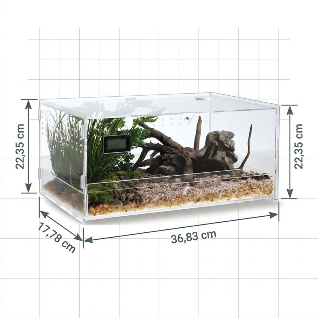 Terrario acrílico transparente de 17,78 × 22,35 × 36,83 cm para observación y manejo de especímenes. Diseño compacto para laboratorio, educación y exhibición.