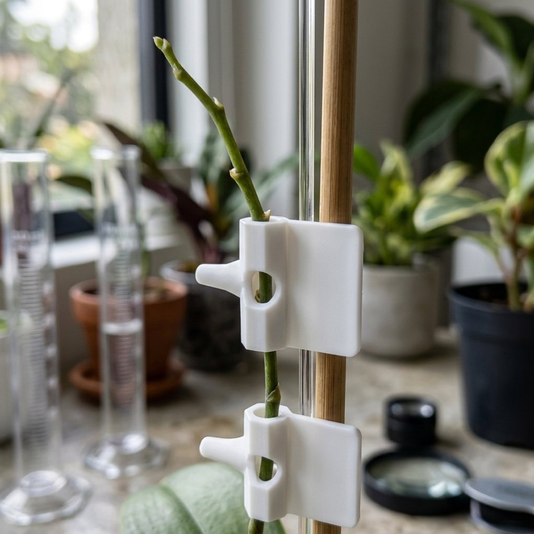 Pinza de plástico para injertos de plantas. Sujeta con precisión el material vegetal durante el proceso de injertación sin dañar el tejido.