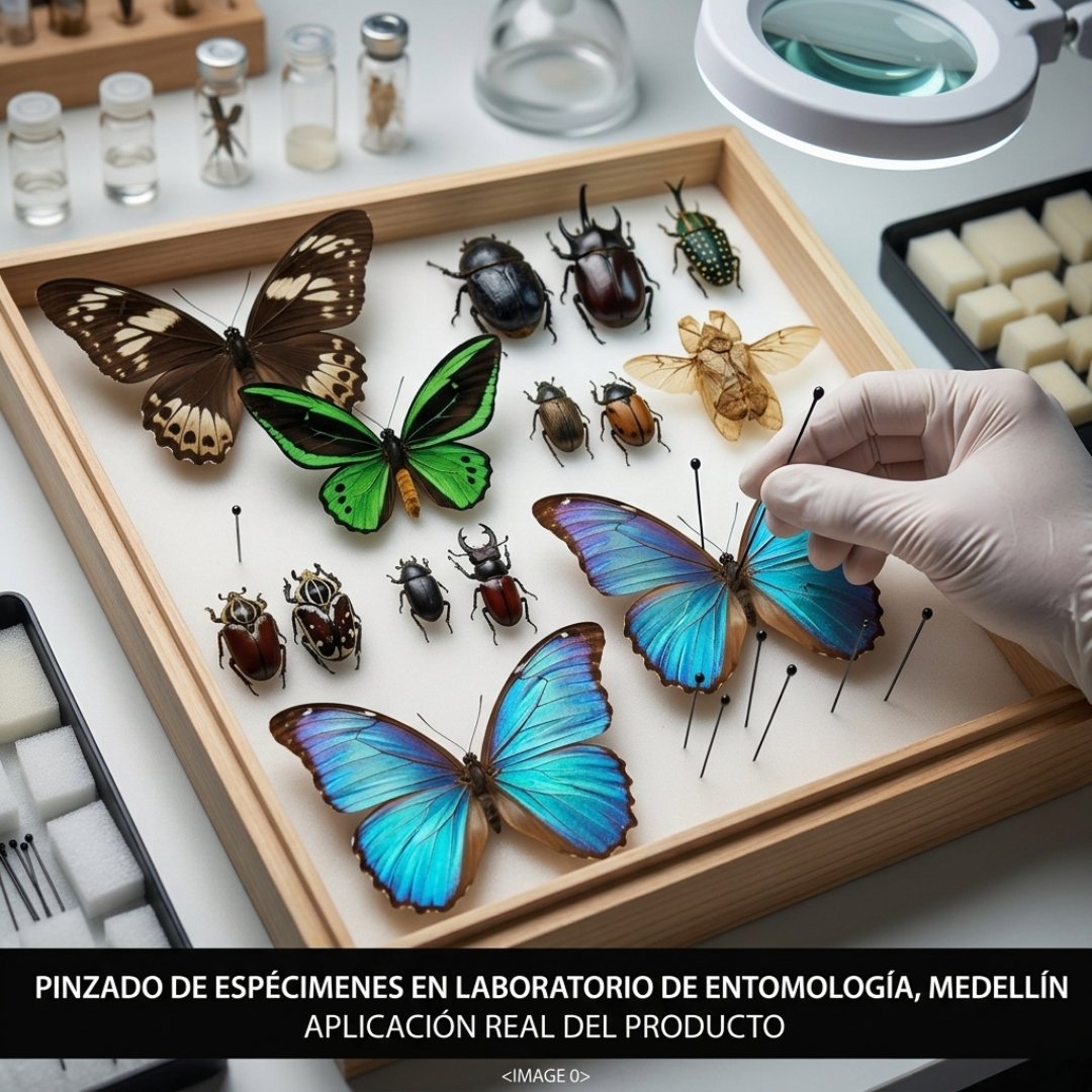 Alfileres entomológicos #00 en presentación de 50 unidades para montaje y preparación de insectos en colecciones, laboratorios y prácticas de entomología.