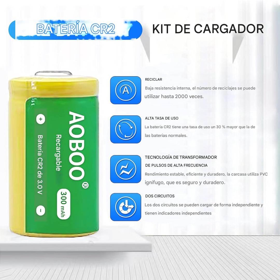 Pack de baterías recargables CR2 3 V 300 mAh con cargador dual. Energía duradera y recargas eficientes para dispositivos compatibles.