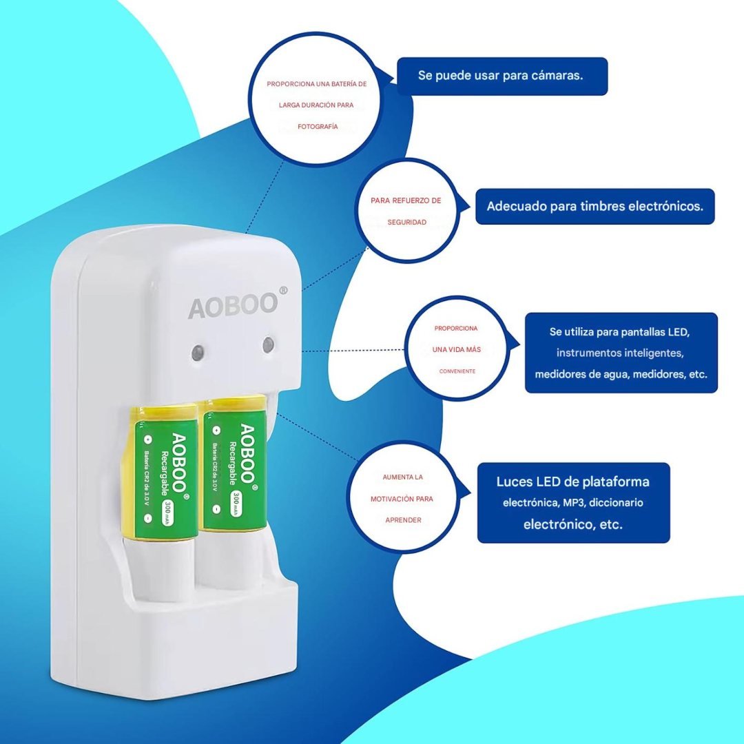 Pack de baterías recargables CR2 3 V 300 mAh con cargador dual. Energía duradera y recargas eficientes para dispositivos compatibles.