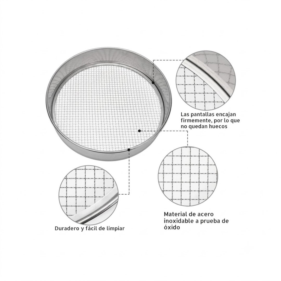 Juego Tamices Acero Inoxidable con 5 tamaños de malla para análisis granulométricos y clasificación de partículas. Ideal para laboratorio, minería, geología y suelos.