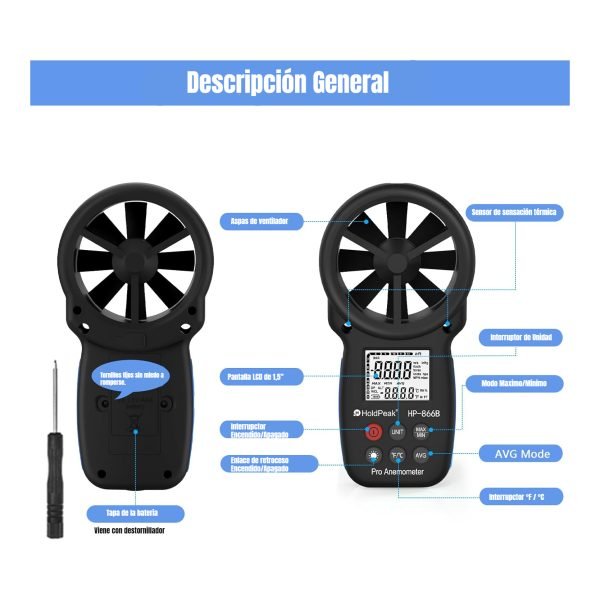 Medidor De Velocidad Del Viento Anemómetro Digital HOLDPEAK 866B - Imagen 2
