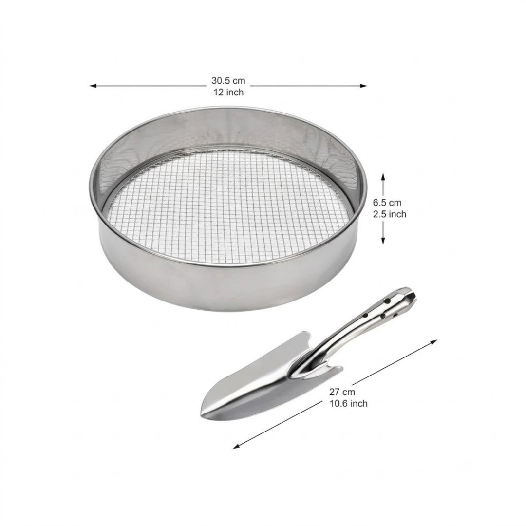 Juego Tamices Acero Inoxidable con 5 tamaños de malla para análisis granulométricos y clasificación de partículas. Ideal para laboratorio, minería, geología y suelos.