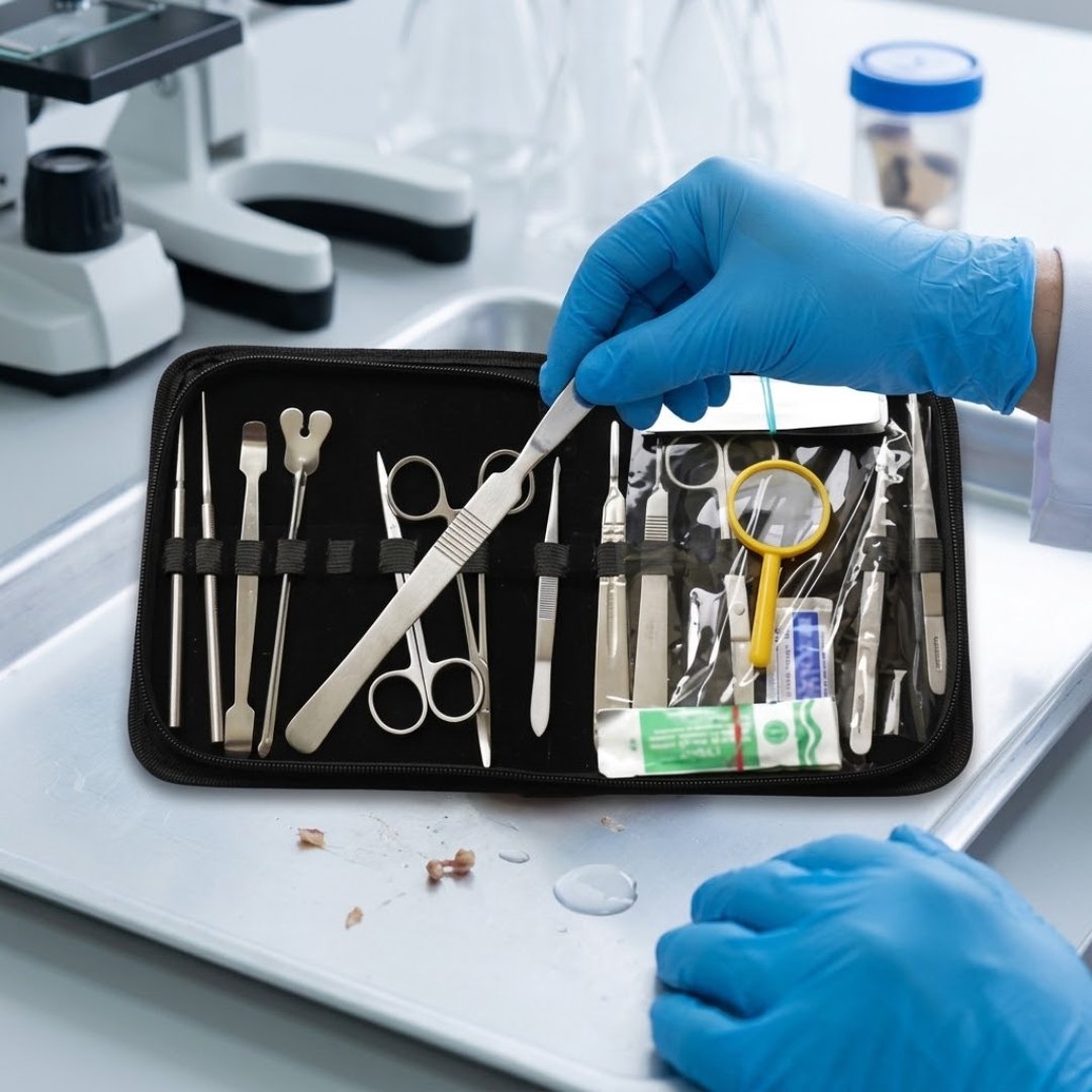 Kit de disección de 34 piezas en acero inoxidable para prácticas de biología, anatomía y laboratorio. Instrumental para disección y estudio.